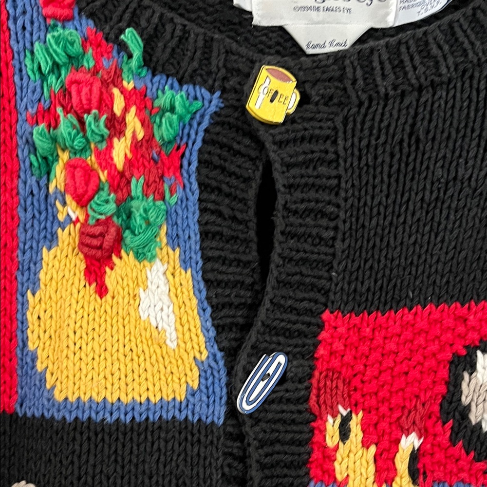 Black Knit Speciality Print Embroidered Workday Teacher Cardigan Sweater RARE - Picture 9 of 12